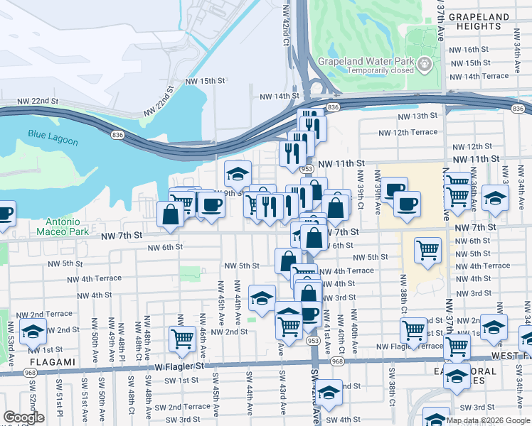 map of restaurants, bars, coffee shops, grocery stores, and more near 4301 Northwest 8th Terrace in Miami
