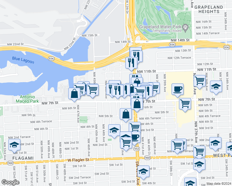 map of restaurants, bars, coffee shops, grocery stores, and more near 750 Northwest 43rd Avenue in Miami