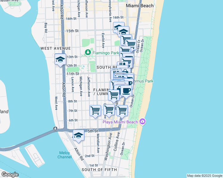 map of restaurants, bars, coffee shops, grocery stores, and more near 950 Pennsylvania Avenue in Miami Beach