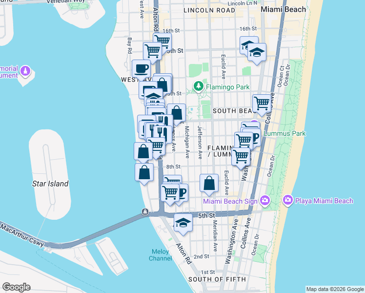 map of restaurants, bars, coffee shops, grocery stores, and more near 1006 10th Street in Miami Beach