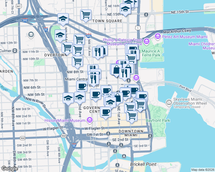 map of restaurants, bars, coffee shops, grocery stores, and more near 435 Northeast 1st Street in Miami