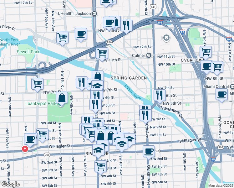 map of restaurants, bars, coffee shops, grocery stores, and more near 1001 Northwest 7th Street in Miami