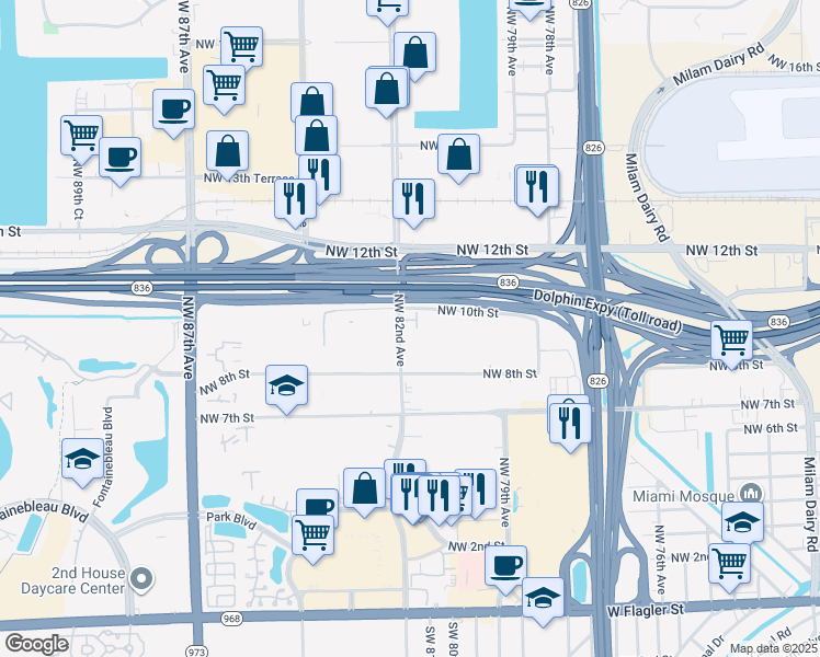 map of restaurants, bars, coffee shops, grocery stores, and more near 925 Northwest 82nd Avenue in Miami
