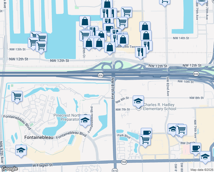 map of restaurants, bars, coffee shops, grocery stores, and more near 306 Northwest 8th Street in Miami