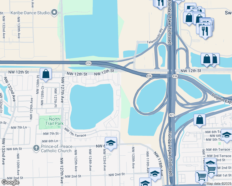 map of restaurants, bars, coffee shops, grocery stores, and more near 12370 Northwest 11th Lane in Miami