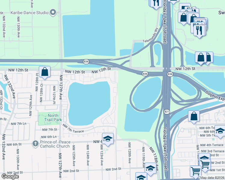 map of restaurants, bars, coffee shops, grocery stores, and more near 12370 Northwest 11th Lane in Miami