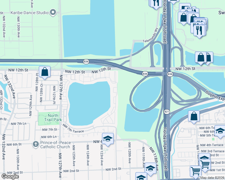 map of restaurants, bars, coffee shops, grocery stores, and more near 12370 Northwest 11th Lane in Miami
