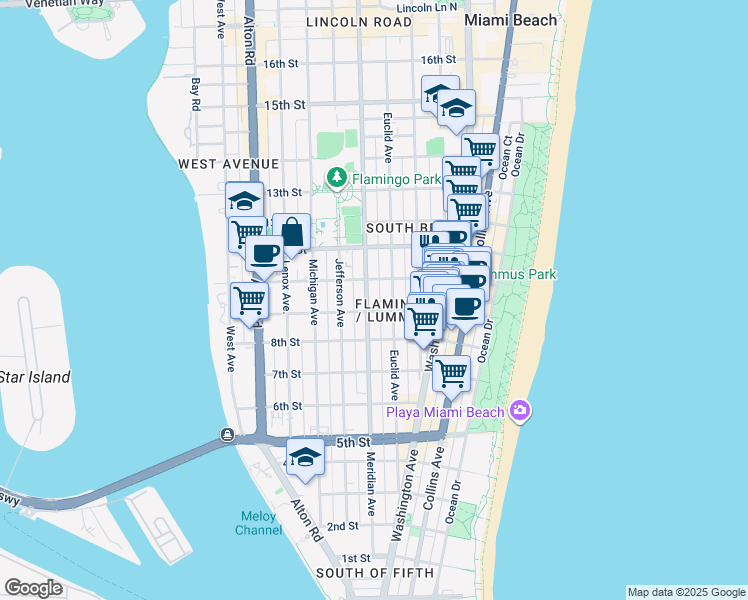 map of restaurants, bars, coffee shops, grocery stores, and more near 732 10th Street in Miami Beach