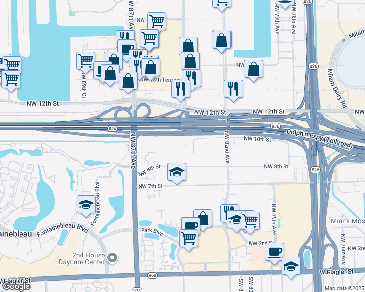 map of restaurants, bars, coffee shops, grocery stores, and more near 8360 Northwest 10th Street in Miami