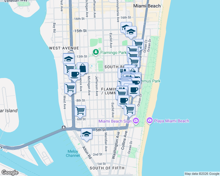 map of restaurants, bars, coffee shops, grocery stores, and more near 732 10th Street in Miami Beach