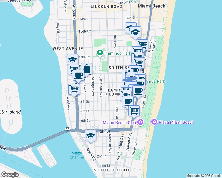 map of restaurants, bars, coffee shops, grocery stores, and more near 732 10th Street in Miami Beach