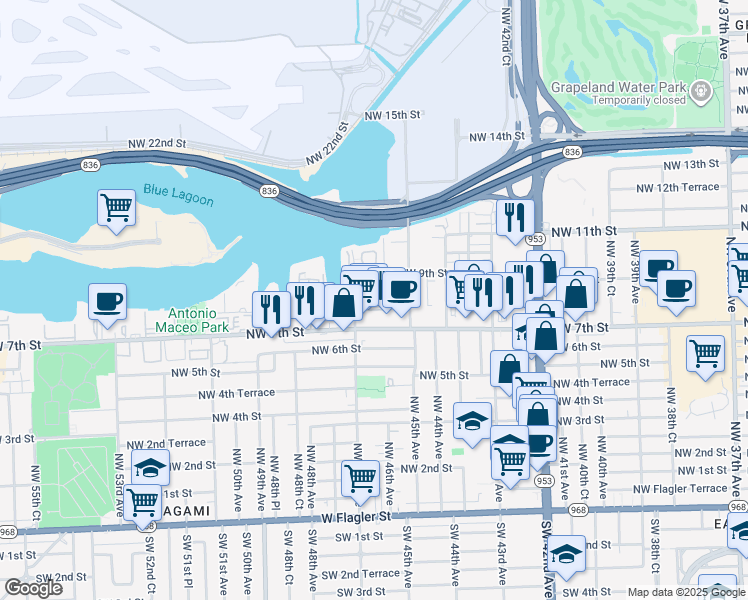 map of restaurants, bars, coffee shops, grocery stores, and more near 4550 Northwest 9th Street in Miami