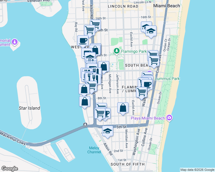 map of restaurants, bars, coffee shops, grocery stores, and more near 1006 10th Street in Miami Beach
