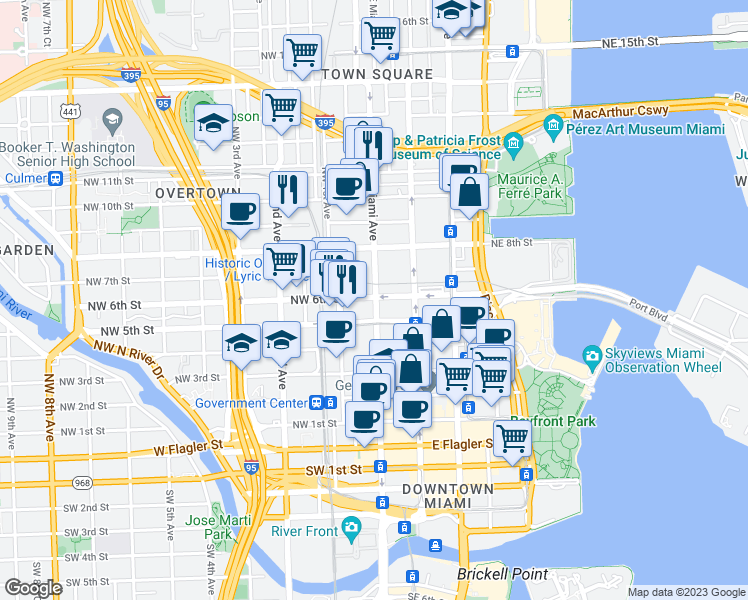 map of restaurants, bars, coffee shops, grocery stores, and more near 540 N Miami Ave in Miami