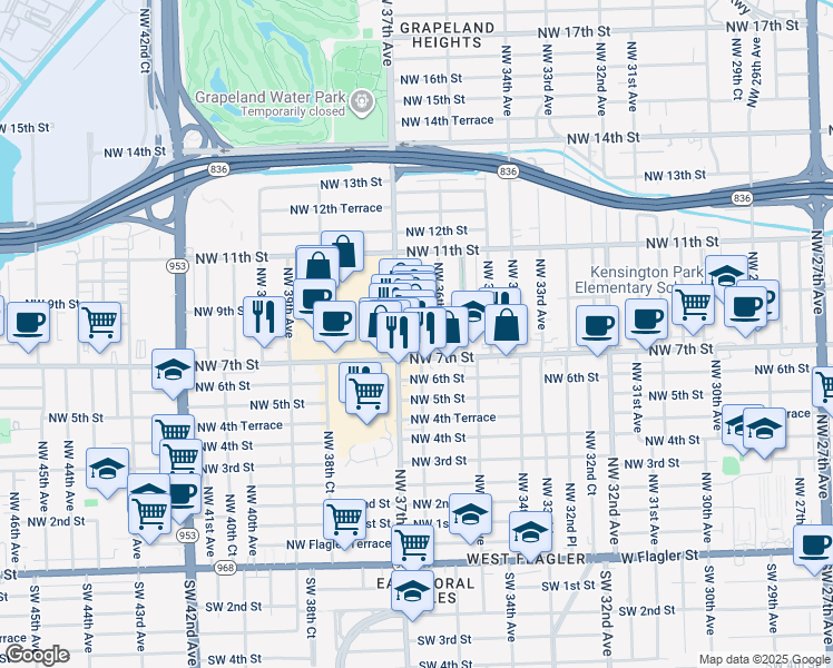 map of restaurants, bars, coffee shops, grocery stores, and more near 814 Northwest 36th Avenue in Miami
