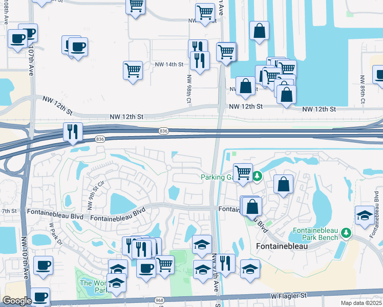 map of restaurants, bars, coffee shops, grocery stores, and more near 9772 Northwest 10 Terrace in Miami