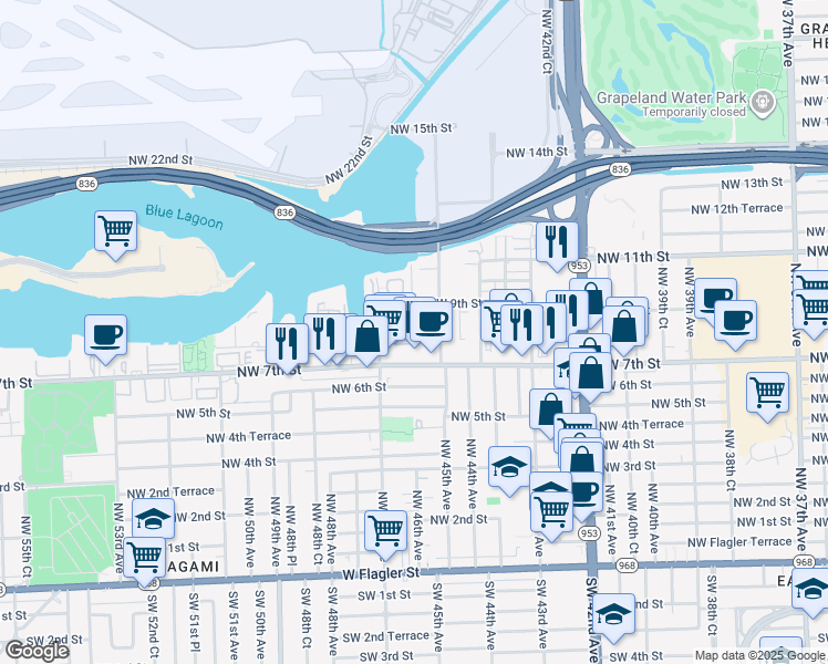 map of restaurants, bars, coffee shops, grocery stores, and more near 4550 Northwest 9th Street in Miami