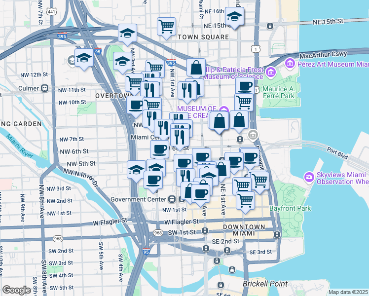 map of restaurants, bars, coffee shops, grocery stores, and more near 100 Northwest 6th Street in Miami