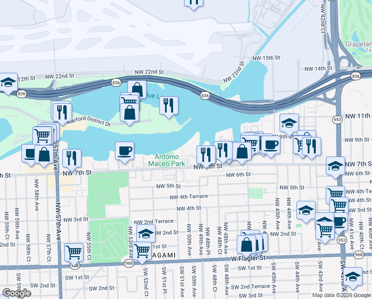 map of restaurants, bars, coffee shops, grocery stores, and more near 5099 Northwest 7th Street in Miami