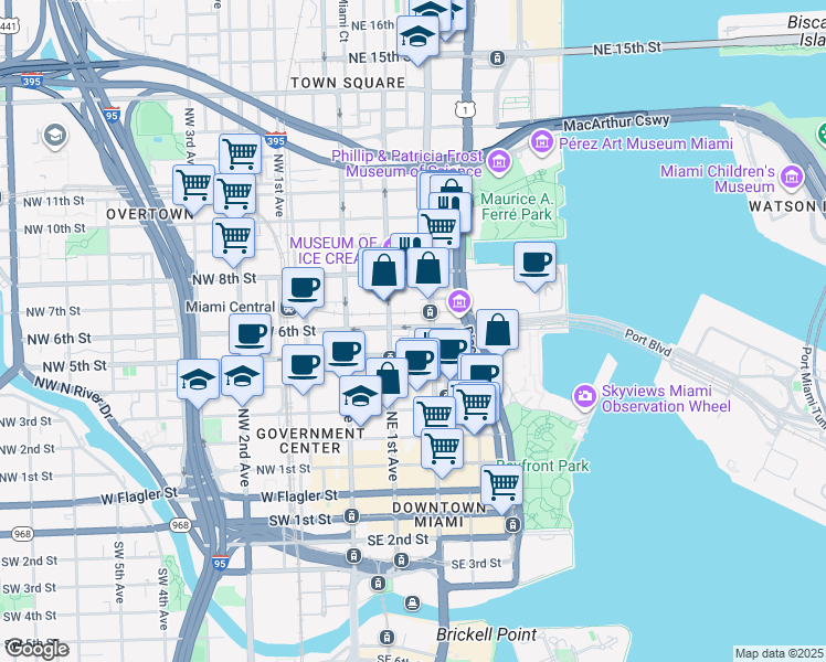 map of restaurants, bars, coffee shops, grocery stores, and more near 601 Northeast 1st Avenue in Miami