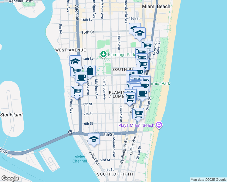 map of restaurants, bars, coffee shops, grocery stores, and more near 732 10th Street in Miami Beach
