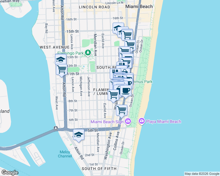 map of restaurants, bars, coffee shops, grocery stores, and more near 950 Pennsylvania Avenue in Miami Beach