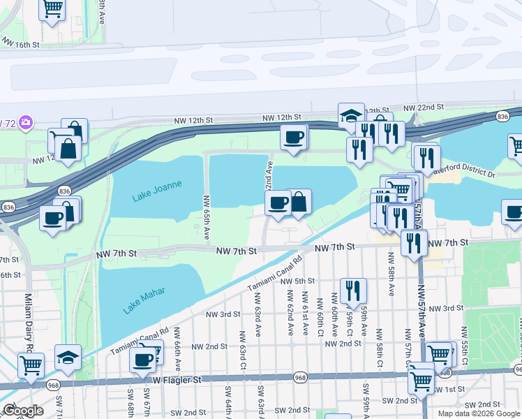 map of restaurants, bars, coffee shops, grocery stores, and more near 800 Northwest 62nd Avenue in Miami