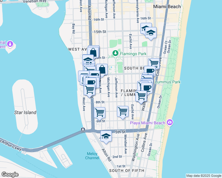 map of restaurants, bars, coffee shops, grocery stores, and more near 960 Jefferson Avenue in Miami Beach