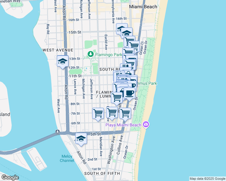 map of restaurants, bars, coffee shops, grocery stores, and more near 950 Pennsylvania Avenue in Miami Beach