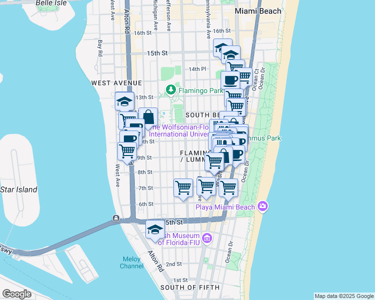 map of restaurants, bars, coffee shops, grocery stores, and more near 732 10th Street in Miami Beach