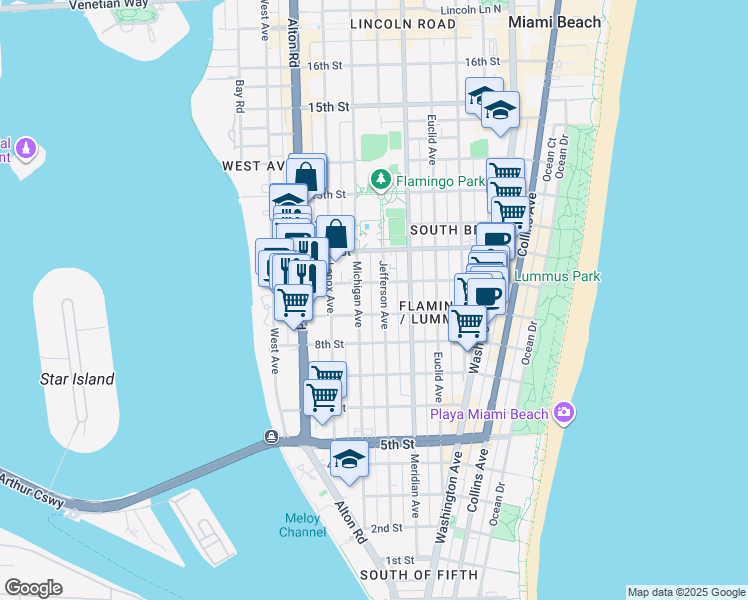 map of restaurants, bars, coffee shops, grocery stores, and more near 960 Jefferson Avenue in Miami Beach