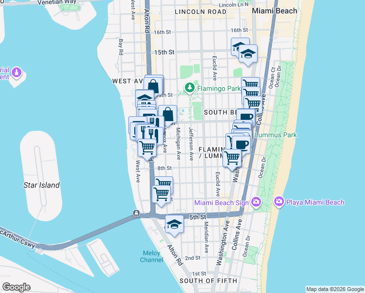 map of restaurants, bars, coffee shops, grocery stores, and more near 960 Jefferson Avenue in Miami Beach