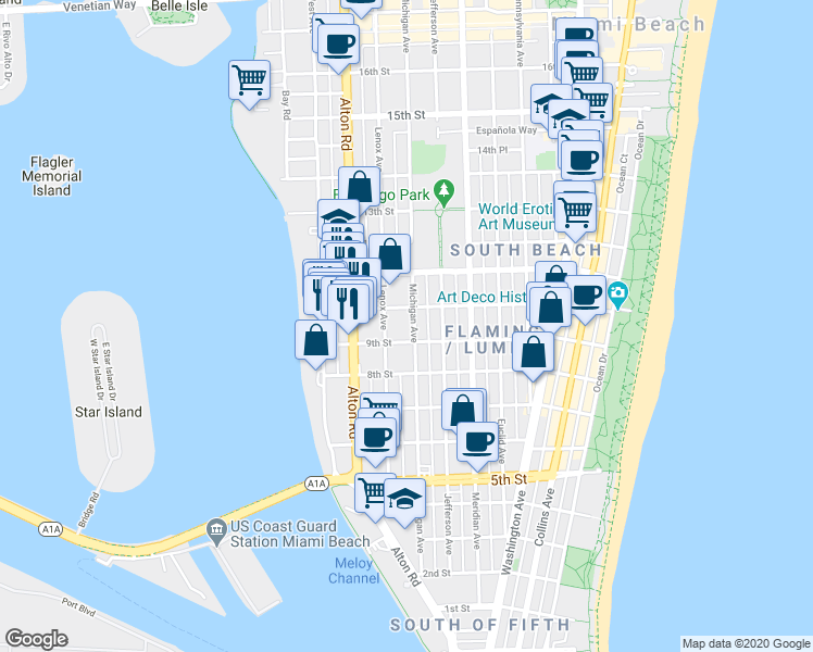 map of restaurants, bars, coffee shops, grocery stores, and more near 1006 10th Street in Miami Beach