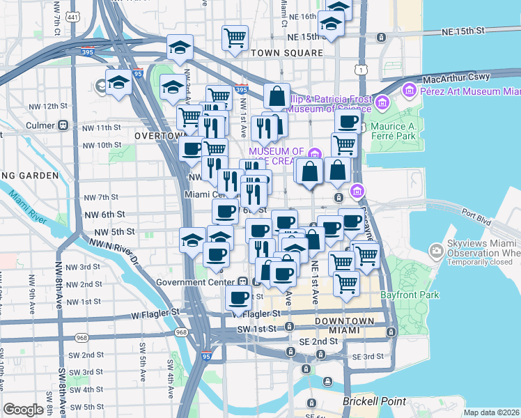 map of restaurants, bars, coffee shops, grocery stores, and more near 604 Northwest 1st Street in Miami