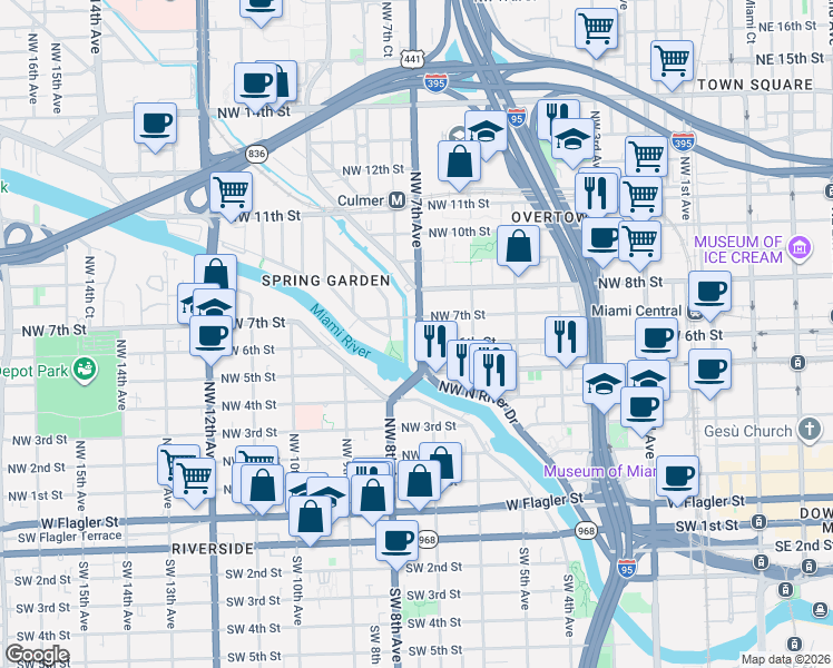 map of restaurants, bars, coffee shops, grocery stores, and more near 690 Northwest 7th Street in Miami