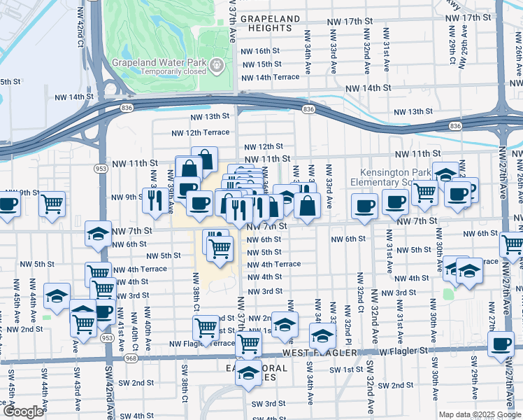 map of restaurants, bars, coffee shops, grocery stores, and more near 814 Northwest 36th Avenue in Miami