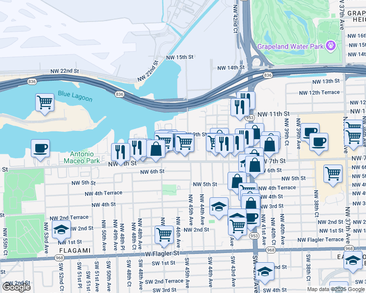 map of restaurants, bars, coffee shops, grocery stores, and more near 891 Northwest 45th Avenue in Miami