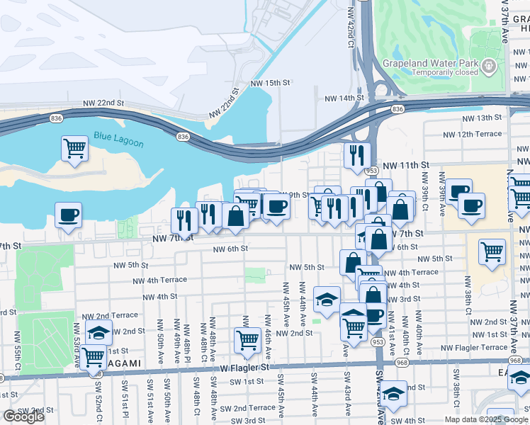 map of restaurants, bars, coffee shops, grocery stores, and more near 4550 Northwest 9th Street in Miami
