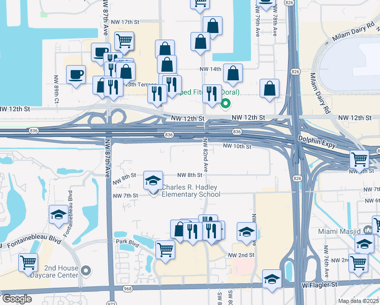 map of restaurants, bars, coffee shops, grocery stores, and more near 8310 Northwest 10th Street in Miami
