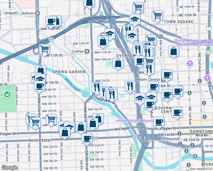 map of restaurants, bars, coffee shops, grocery stores, and more near 670 Northwest 6th Avenue in Miami