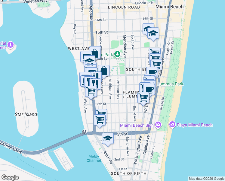 map of restaurants, bars, coffee shops, grocery stores, and more near 960 Jefferson Avenue in Miami Beach