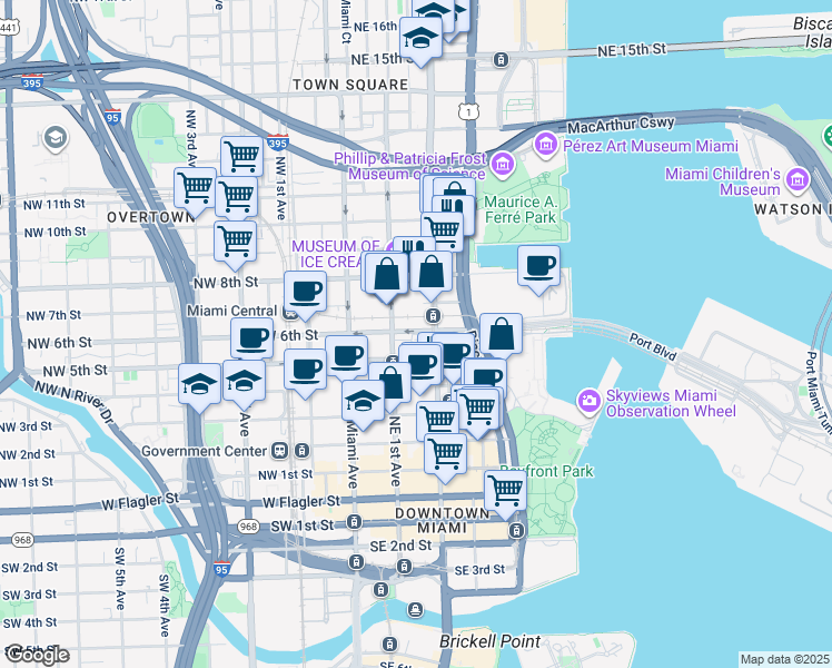 map of restaurants, bars, coffee shops, grocery stores, and more near 601 Northeast 1st Avenue in Miami