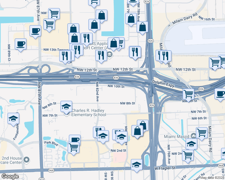 map of restaurants, bars, coffee shops, grocery stores, and more near Northwest 80 Avenue in Miami