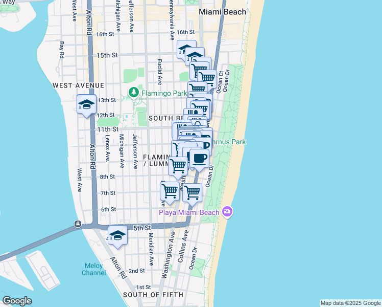 map of restaurants, bars, coffee shops, grocery stores, and more near 956 Washington Avenue in Miami Beach