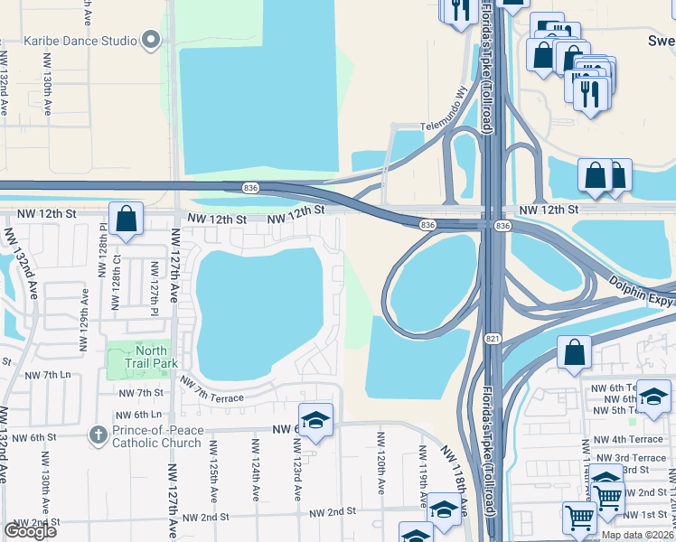 map of restaurants, bars, coffee shops, grocery stores, and more near 12300 Northwest 11th Lane in Miami