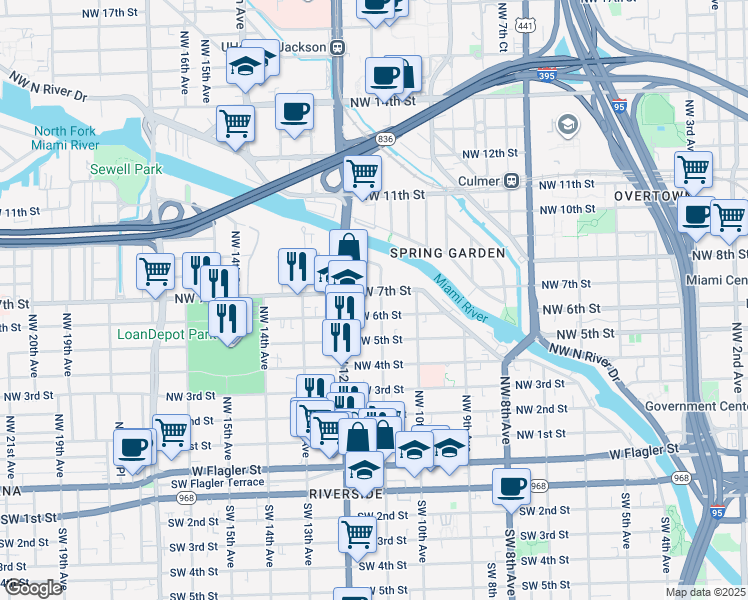 map of restaurants, bars, coffee shops, grocery stores, and more near 1151 Northwest 7th Street in Miami