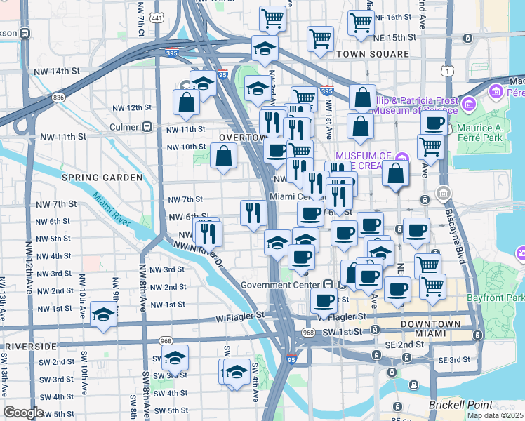 map of restaurants, bars, coffee shops, grocery stores, and more near 343 Northwest 6th Street in Miami