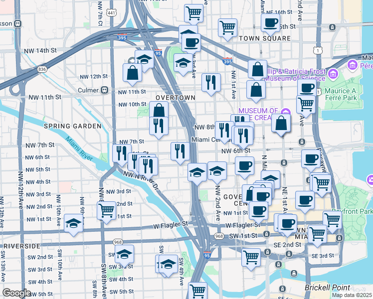 map of restaurants, bars, coffee shops, grocery stores, and more near 343 Northwest 6th Street in Miami