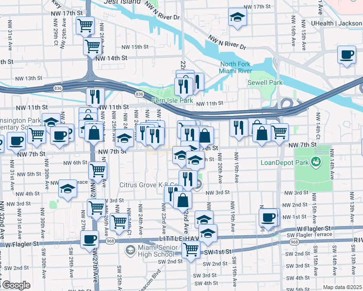 map of restaurants, bars, coffee shops, grocery stores, and more near 747 Northwest 22nd Court in Miami