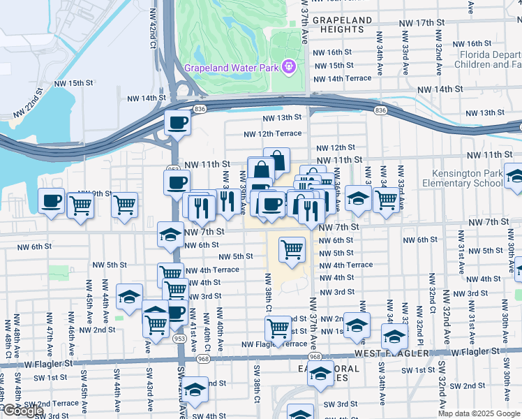 map of restaurants, bars, coffee shops, grocery stores, and more near 3825 Northwest 7th Street in Miami